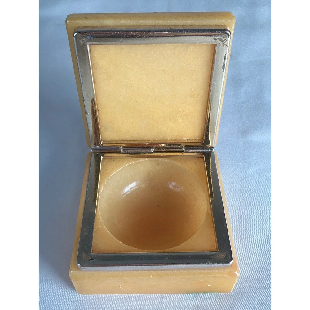 VINTAGE Trinket Box Unisex Small Yellow Good Floral Stone Square